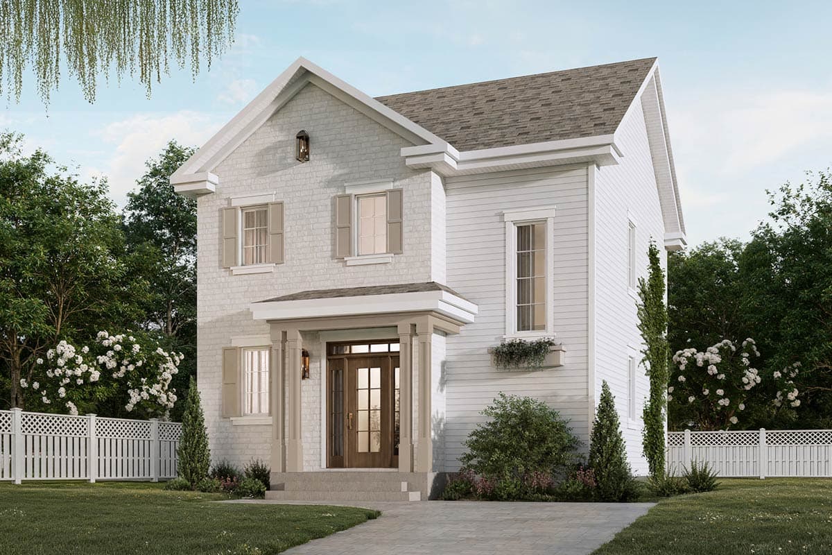 House plan exterior: two-story dwelling with a covered entryway, gable roof, brick and siding exterior, and prominent dormer.