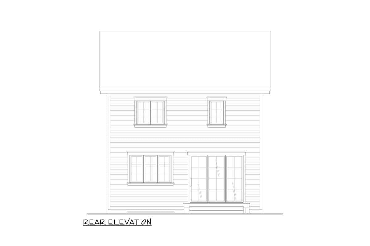 Rear elevation drawing of a two-story house with horizontal siding, two windows upstairs, and two windows and sliding glass doors downstairs.