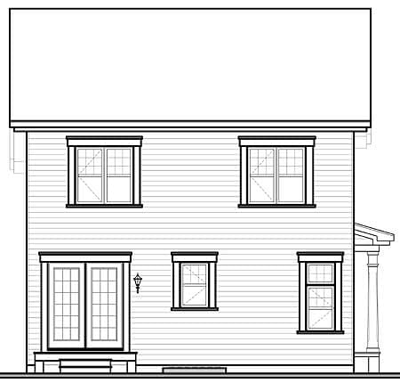 House plan exterior elevation showing a two-story structure with double doors, multiple windows, and a prominent porch column.