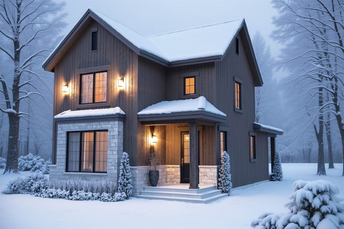 A two-story house with warm interior lighting sits in a snowy landscape. The wooden siding contrasts with a stone accent and a covered porch.