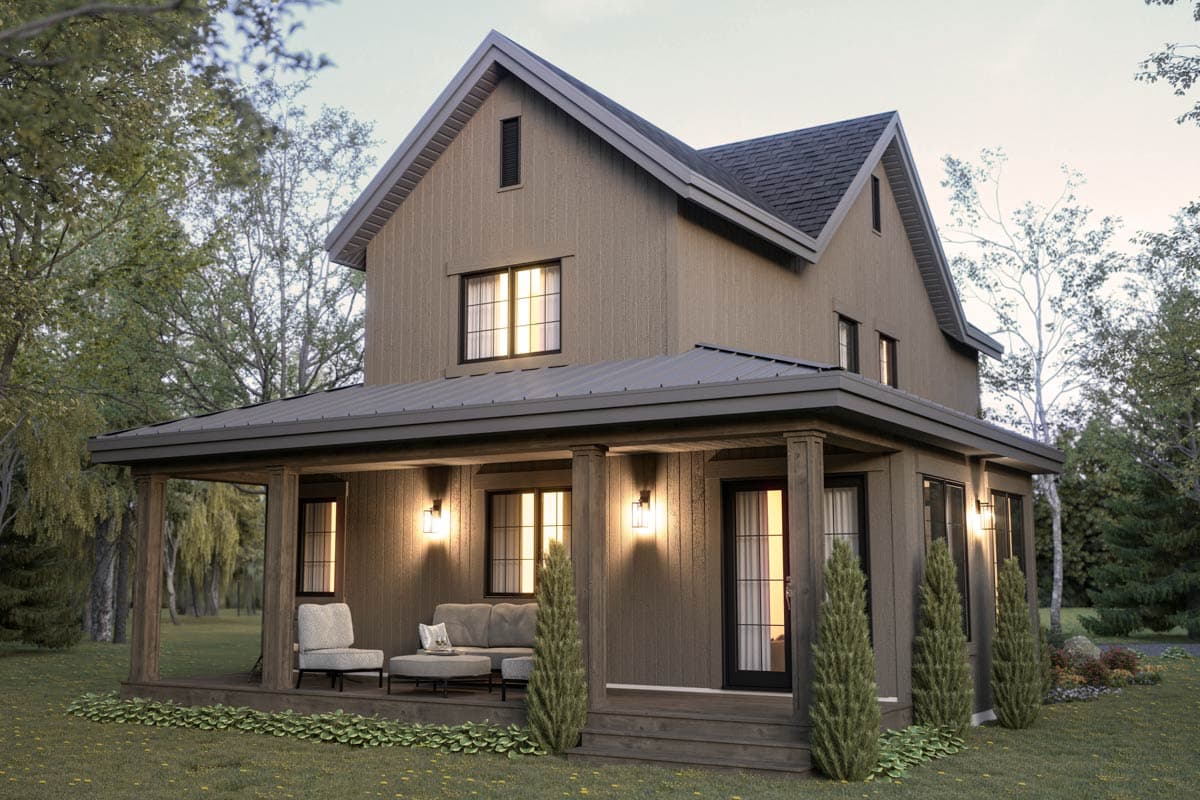 A two-story house with a wraparound porch, featuring a neutral color palette. The porch has seating, warm lighting, and is surrounded by trees.