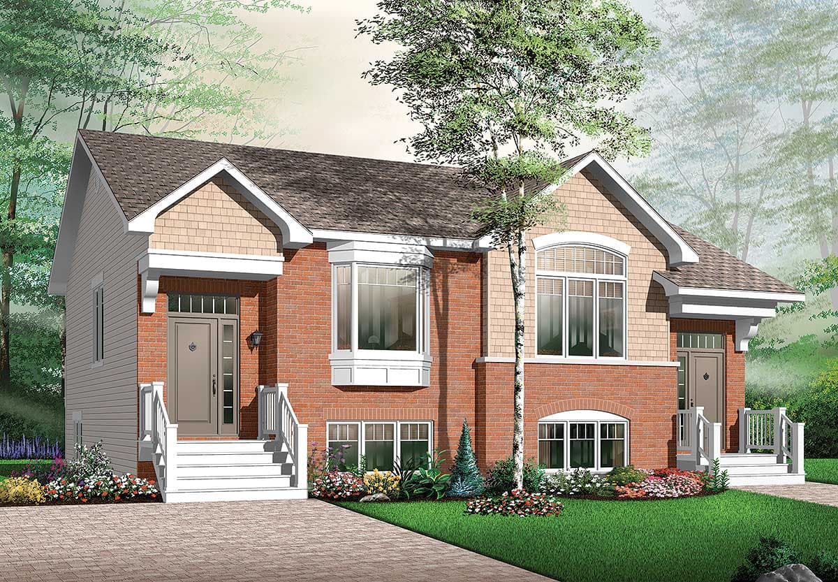 House plan exterior: two-story home with brick and shingle siding, gables, and bay and arched windows.