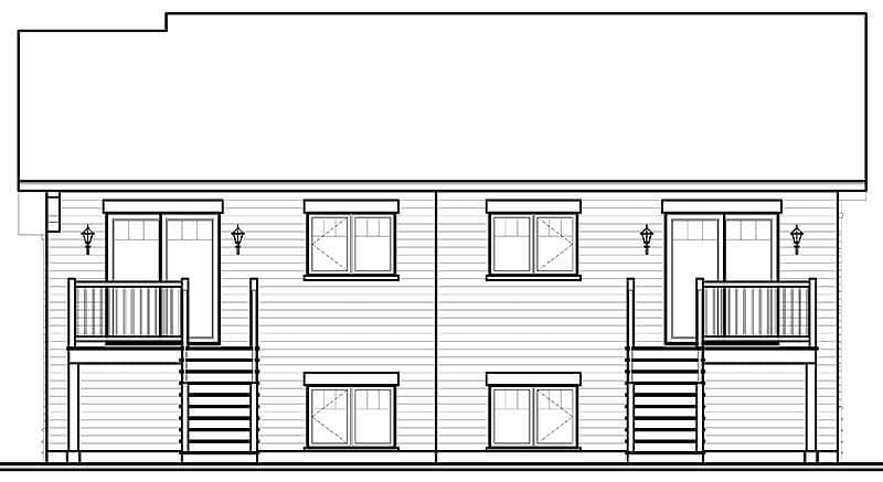House plan elevation showing a two-story duplex with sliding doors, balconies, and exterior stairs.