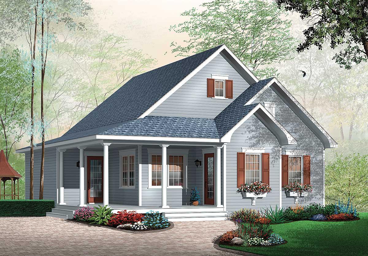 House plan exterior: One-story home with a covered front porch, gabled dormers, and decorative window shutters.
