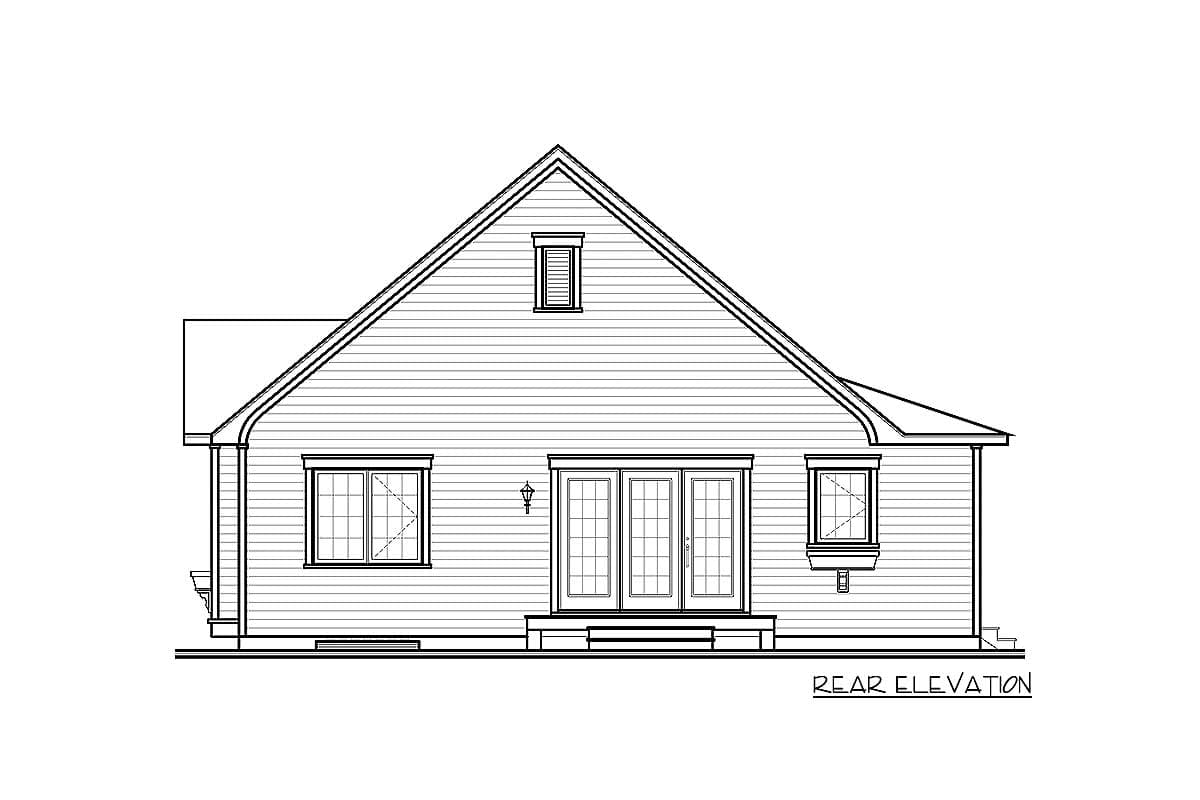 Rear elevation drawing of a house plan featuring a gable roof, dormer, double doors, and two windows.