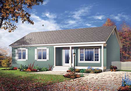 House plan exterior view of a single-story home with a covered entry porch, gable roof, and symmetrical window placement.
