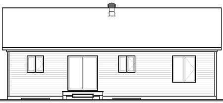 House plan front elevation drawing shows a single-story home with a sliding glass door, three windows, and a roof vent.