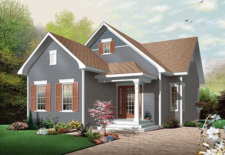 House plan exterior: Cottage style, one story, with gabled dormer, covered entry porch with columns, and contrasting siding.