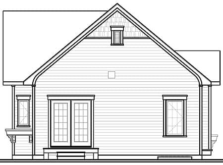 House plan elevation drawing of a side view, showing double doors, a dormer, and shingle gable detail.