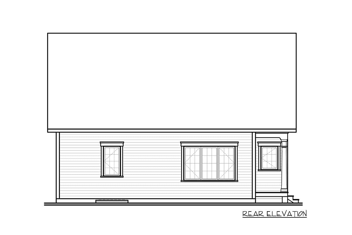 Rear elevation of a house plan showing horizontal siding, one small window, and a bank of three windows.
