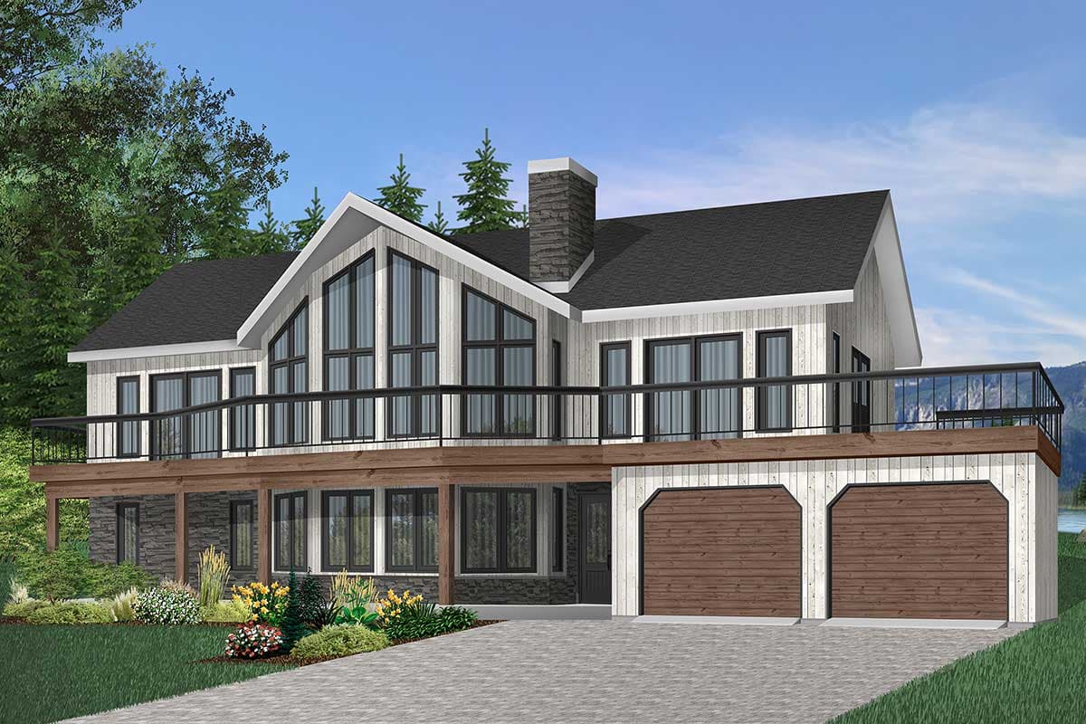 Modern house plan exterior with a prominent gable, large triangular windows, wraparound deck, and a three-car garage.