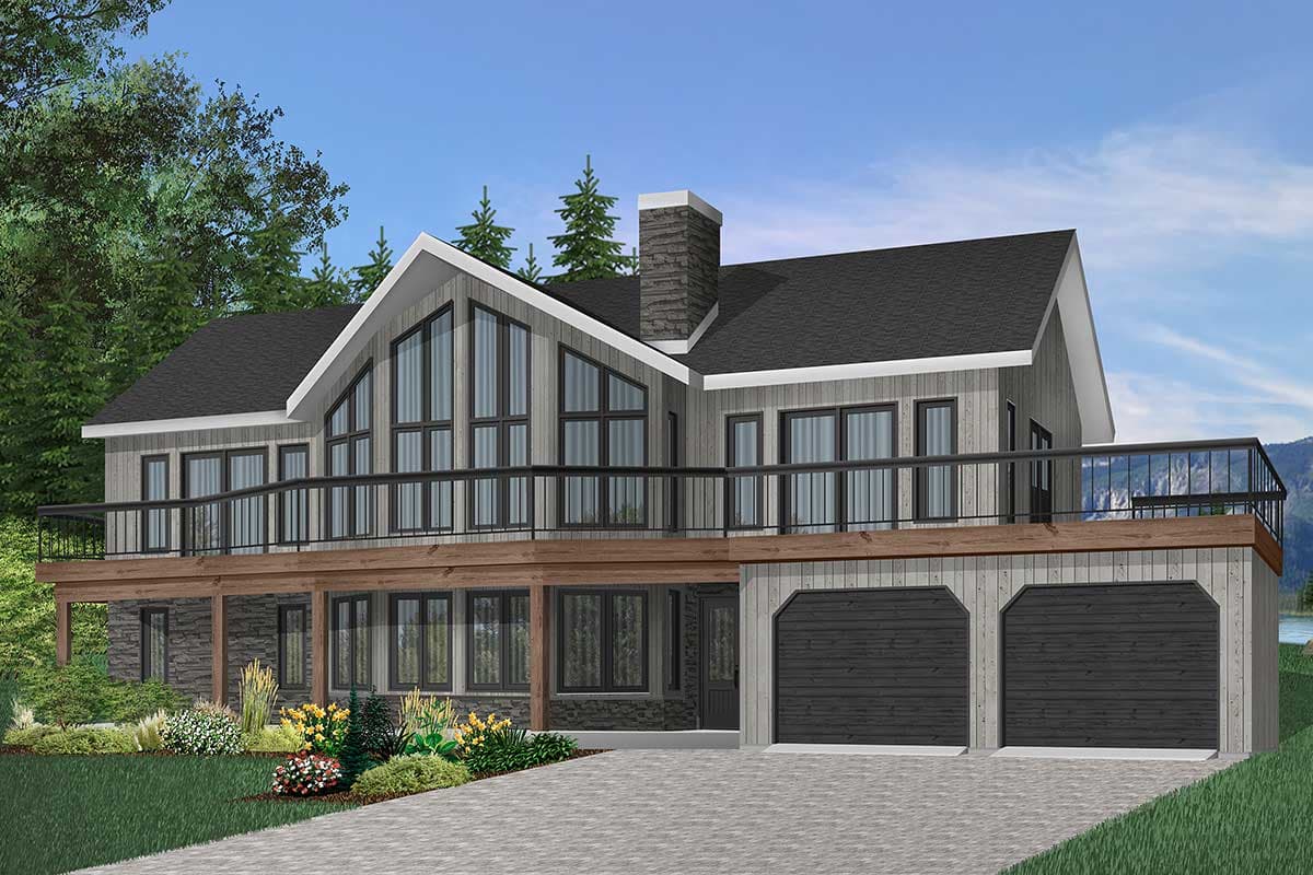 Modern house plan exterior with a large deck, prominent gable with extensive windows, stone chimney, and a three-car garage.