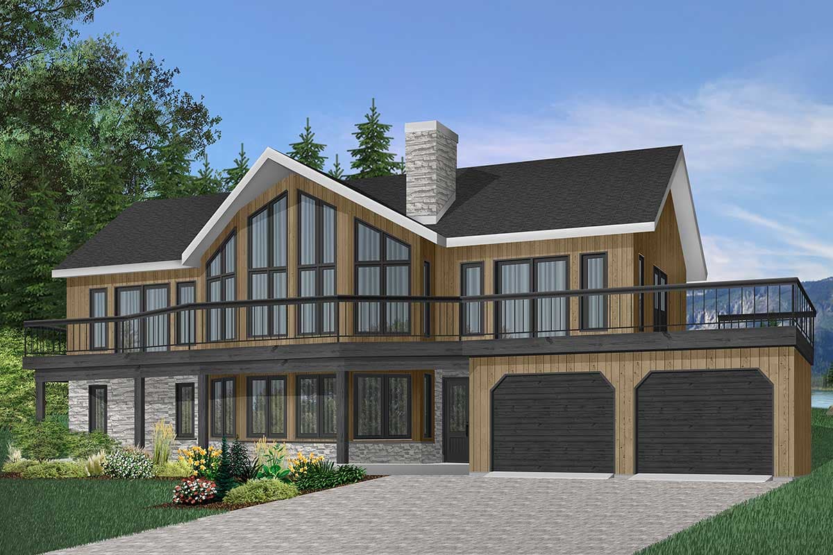 House plan exterior: Modern style, two stories, large gable windows, wraparound deck, and a three-car garage.