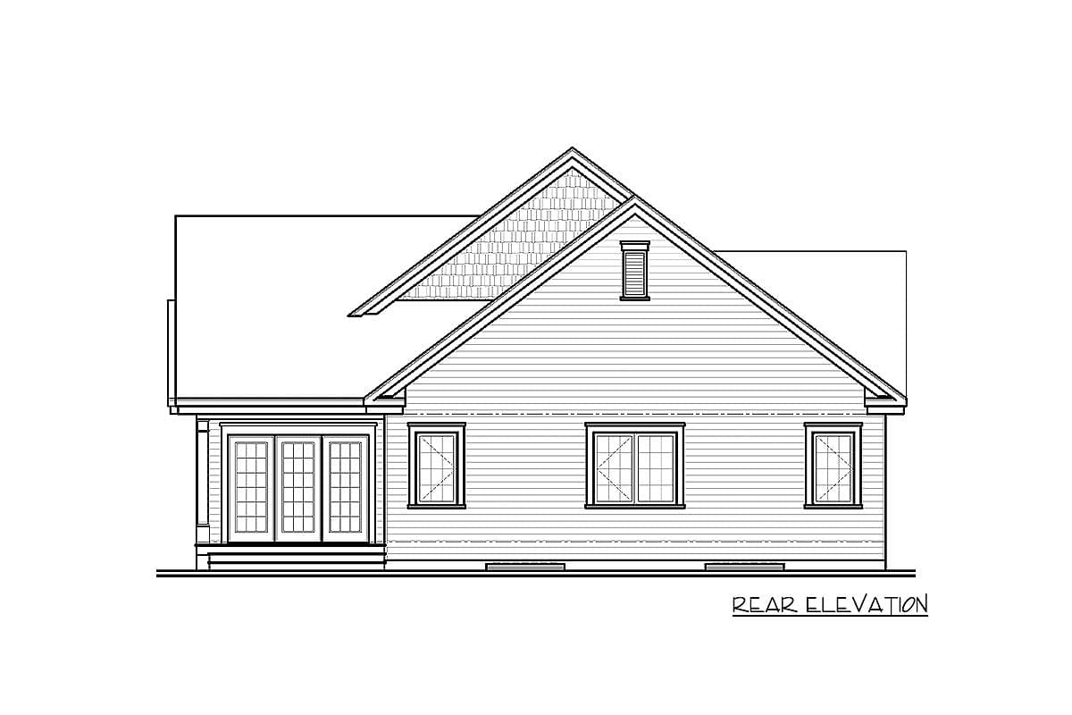 Rear elevation of a house plan featuring double doors, multiple windows, and a gabled roof with a dormer.