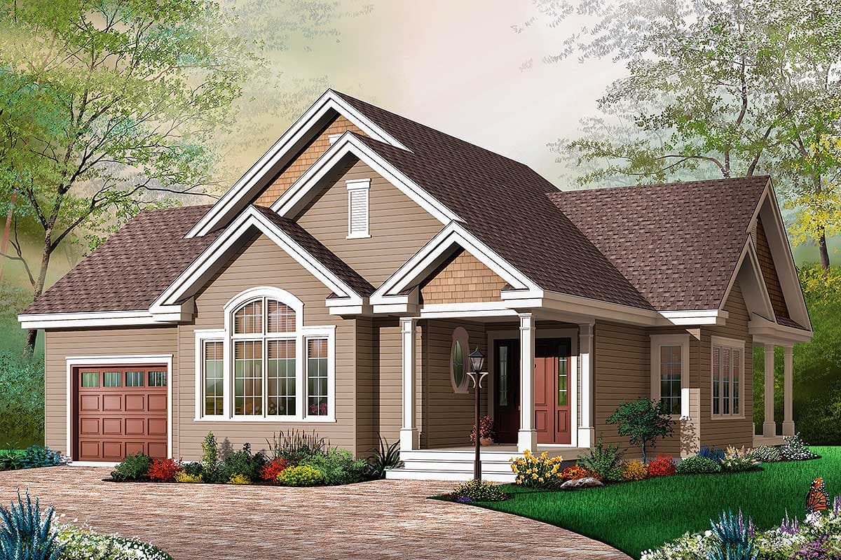 House plan exterior: Gable rooflines, arched window, covered porch with columns, and single-car garage.