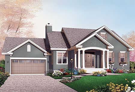 House plan exterior: One-story home with a front-facing garage, covered entry with columns, gable dormers, and a prominent chimney.