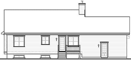 House plan side elevation: one-story house with a hip roof, a rear deck with stairs, two doors, multiple windows, and a chimney.