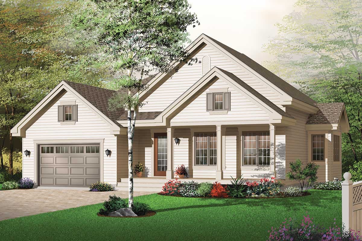 House plan exterior: One-story Modern Farmhouse with a front-facing garage, covered porch supported by columns, and multiple gables.