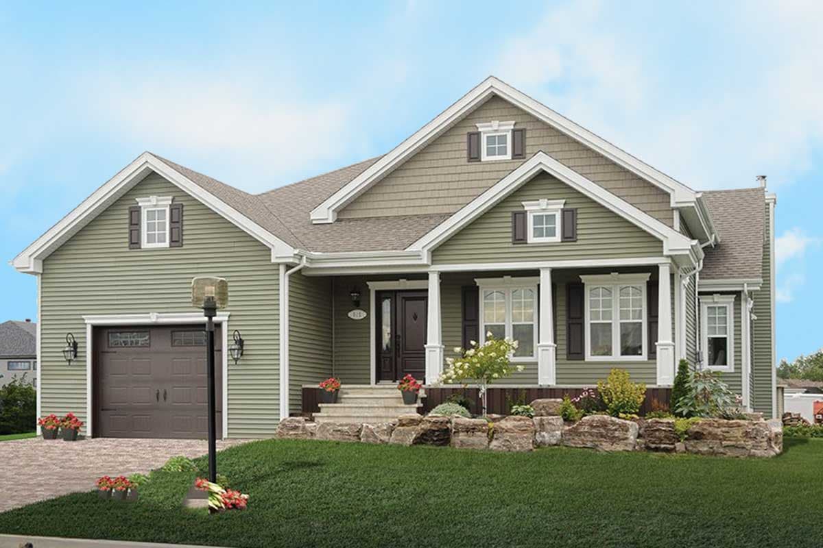 House plan exterior: Two-story Modern Farmhouse with a covered front porch, gabled dormers, and an attached garage.