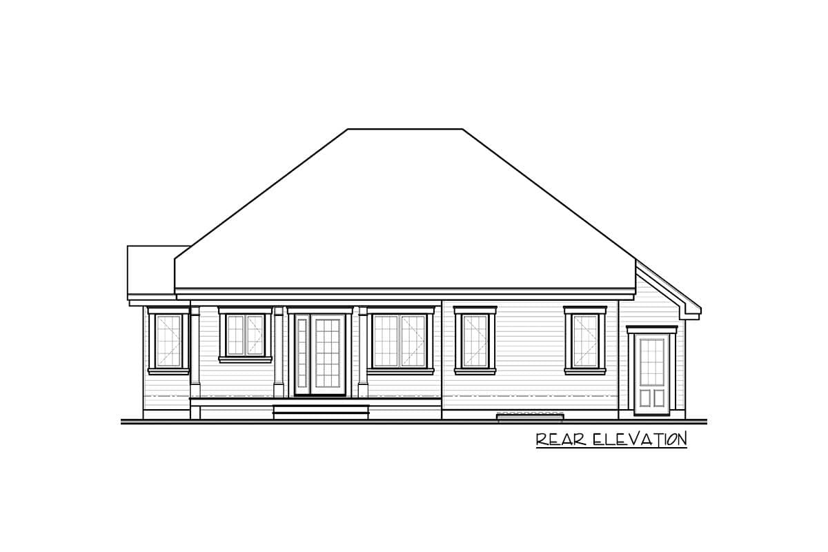 Rear elevation house plan with a wide roofline, multiple windows, and two entrances.