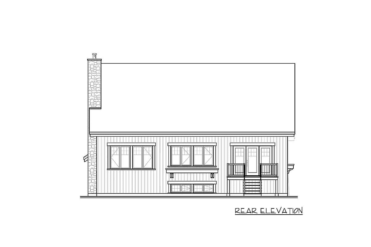 Rear elevation house plan with stone chimney, multiple windows, and a covered porch with double doors.