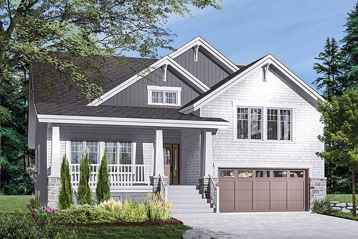 House plan exterior: Modern Farmhouse style, two stories, with a covered front porch, gabled dormers, and attached garage.
