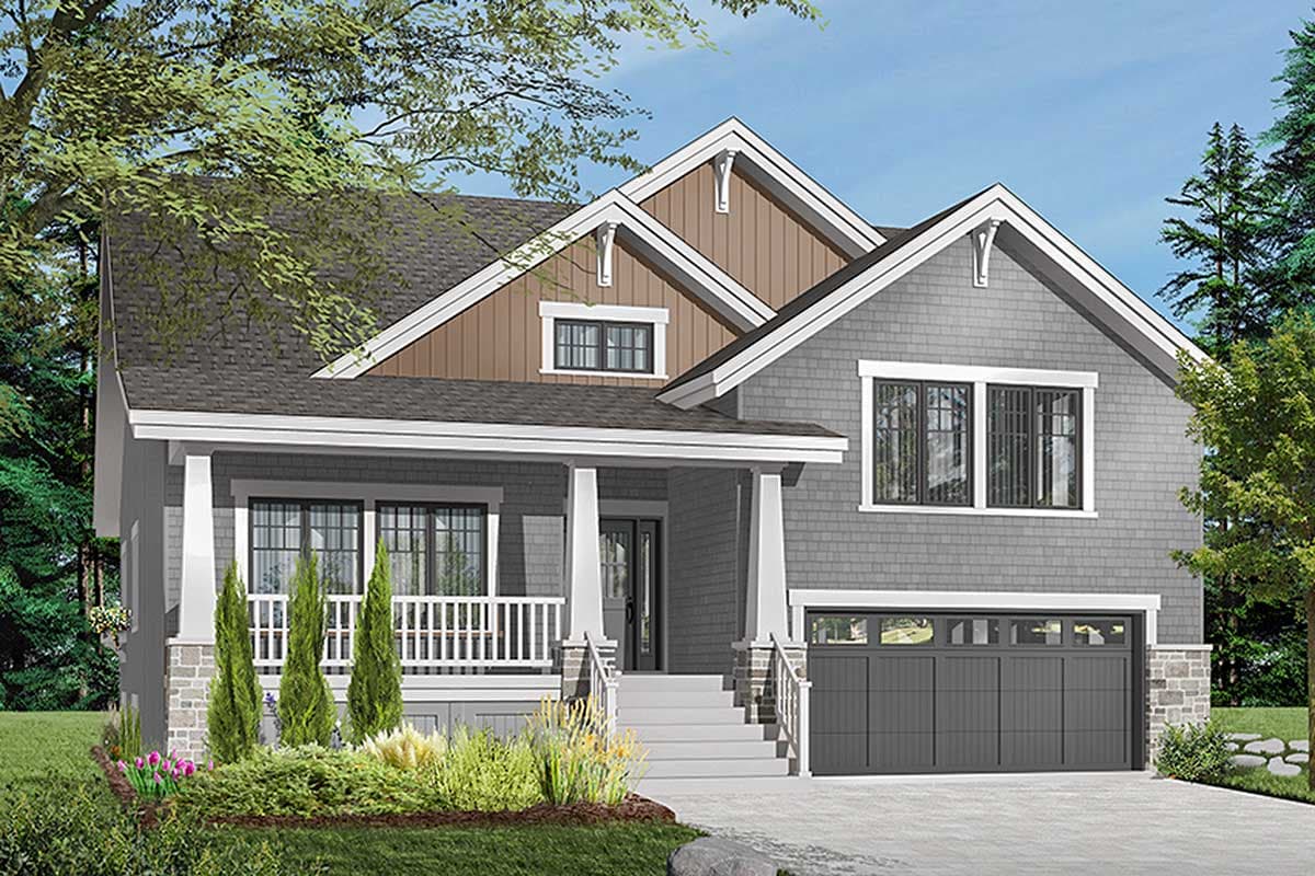 House plan exterior: Two-story Modern Farmhouse with covered front porch, prominent gables, and attached two-car garage.