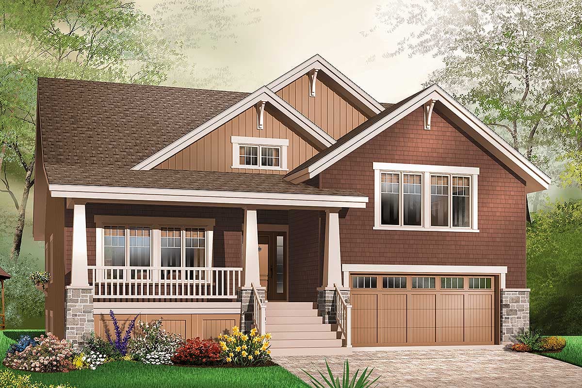 House plan exterior: Craftsman style with gabled dormers, a covered front porch, and a two-car garage.