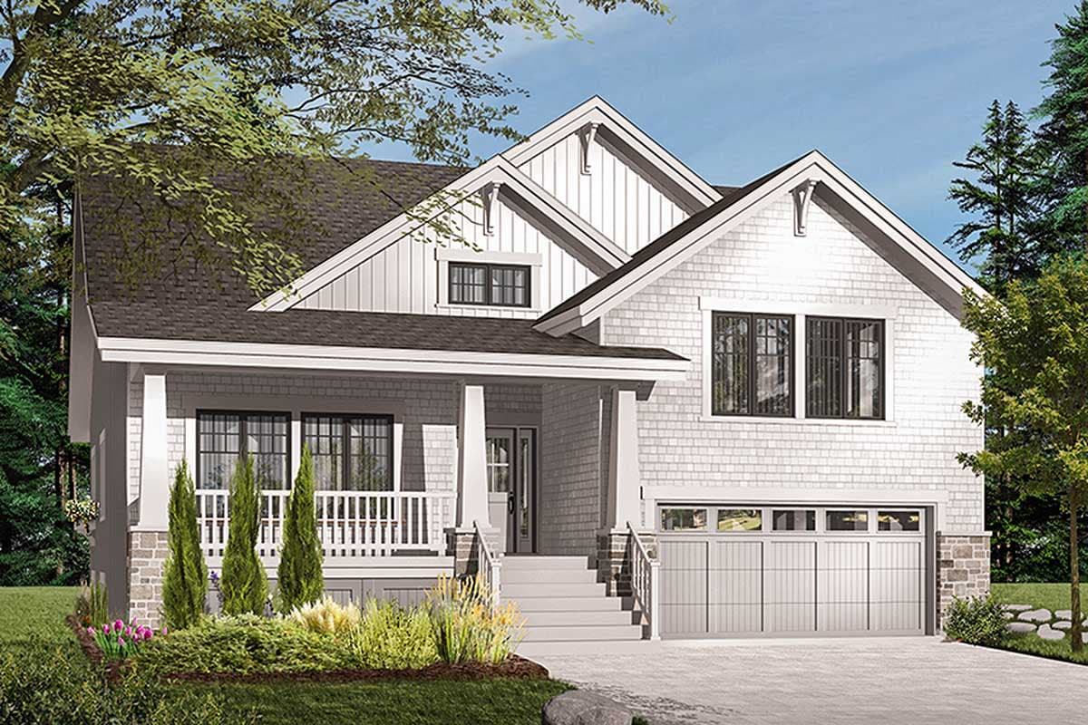 House plan exterior. Two-story home with a gabled roof, front porch with columns, and a garage. Features shake siding and dark-framed windows.