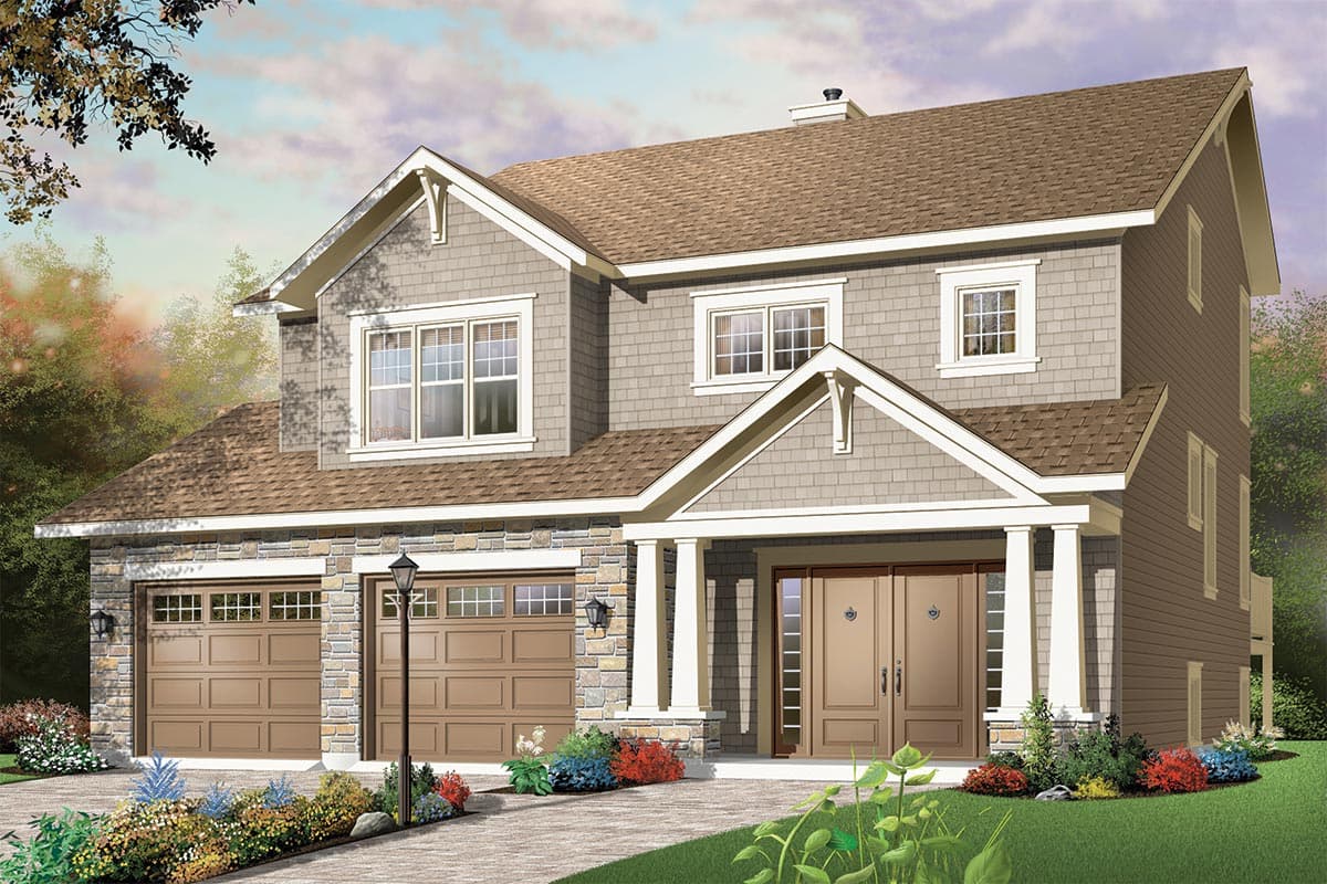 House plan exterior: Two-story home with a gabled entrance, stone base, and a three-car garage.