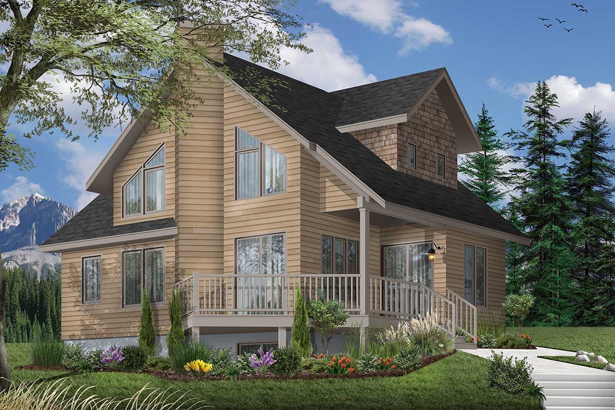 House plan exterior: Two-story with wood siding, peaked gables, large deck, and prominent chimney.