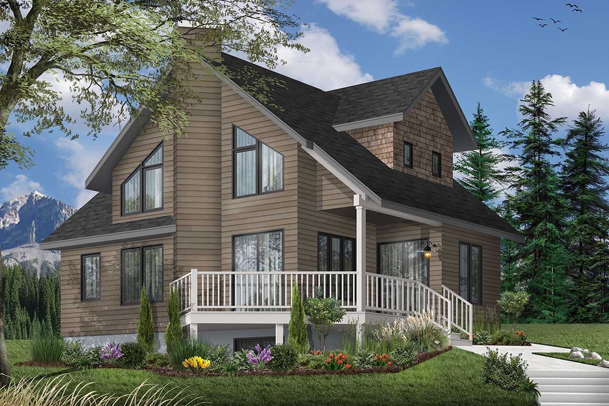House plan exterior: Two-story home with wood siding, peaked gables, large windows, and wrap-around porch.