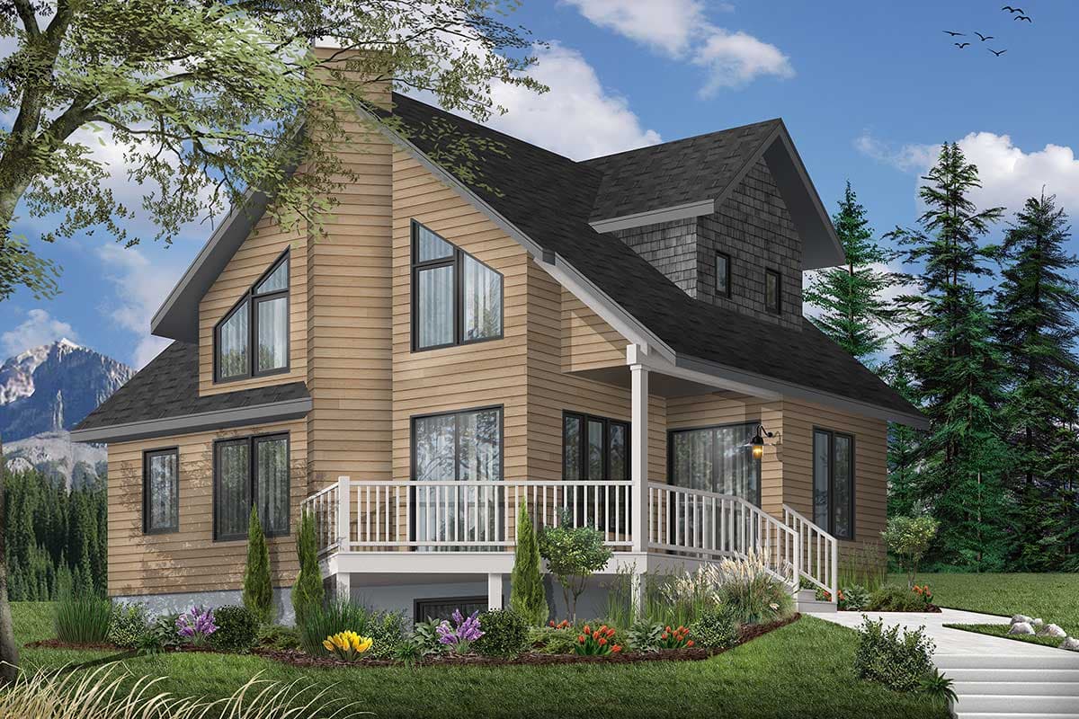 Modern style house plan exterior with wood siding, gables, dormers, large windows, and a wrap-around deck.