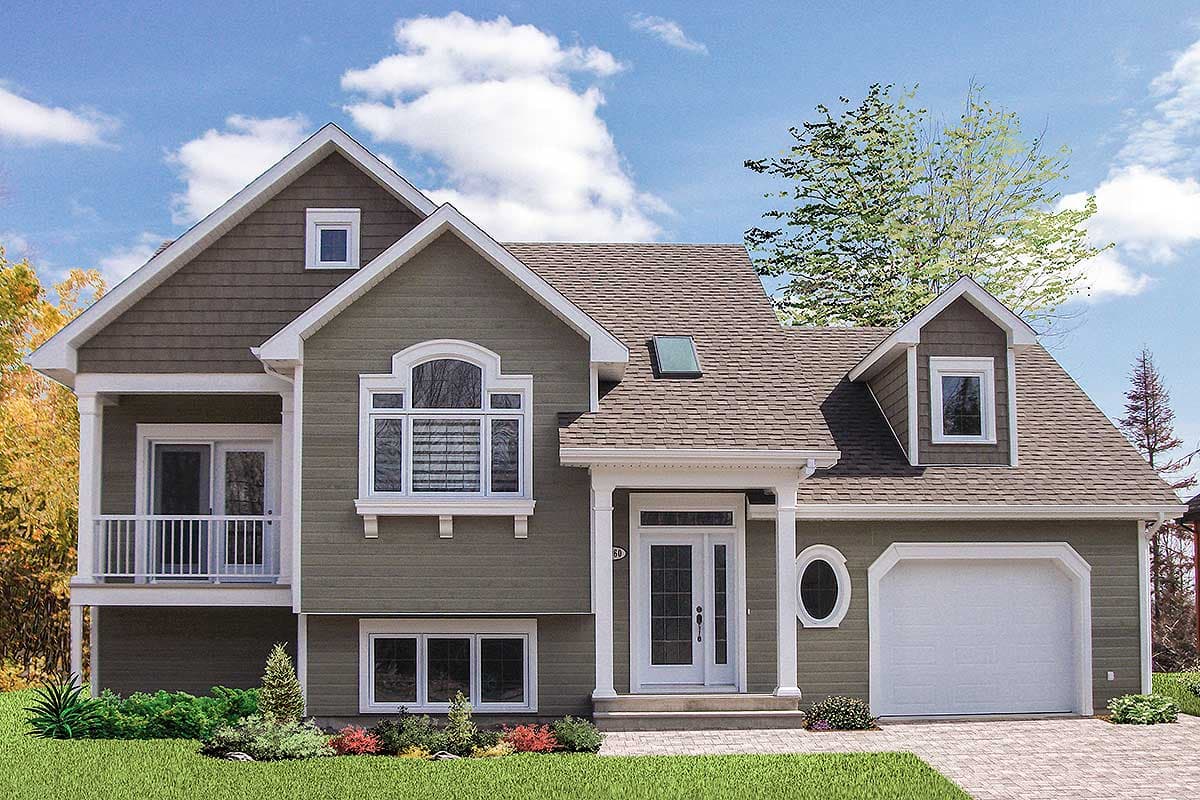 House plan exterior with gabled roof, dormer, arched window, covered porch, and attached garage.