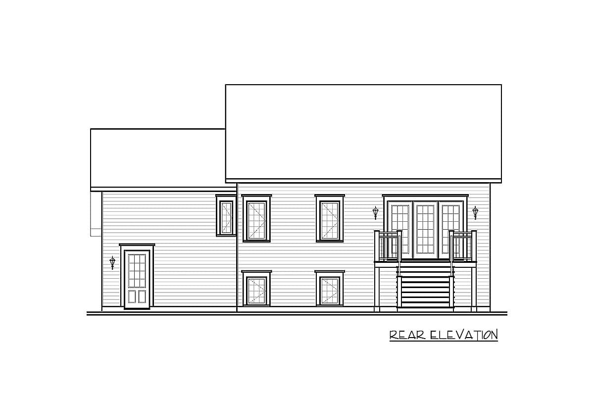 Rear elevation drawing of a two-story house with horizontal siding, multiple windows, and French doors leading to a deck.