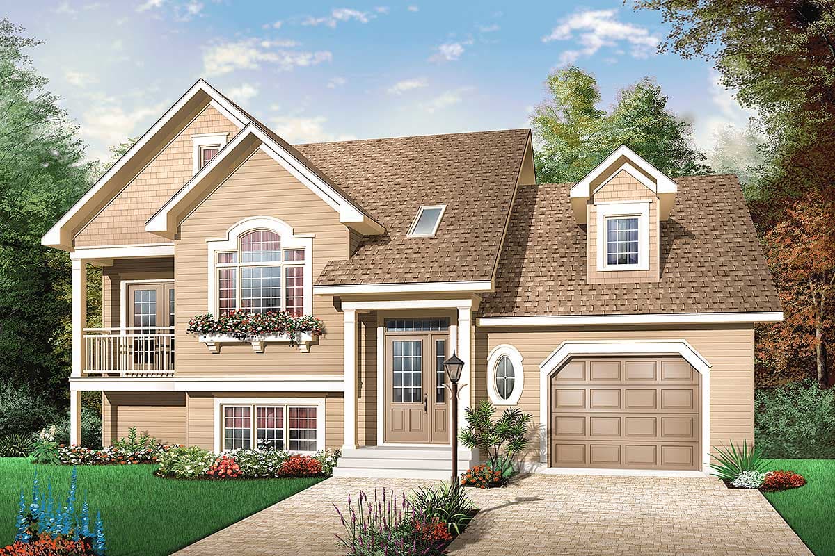 House plan exterior: Two-story home with gables, dormers, front balcony, and attached garage.