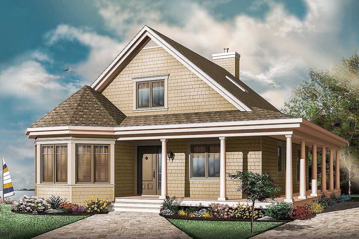 House plan exterior with a hip roof, bay window, and wrap-around porch supported by columns. A prominent gable with shingle siding is visible.