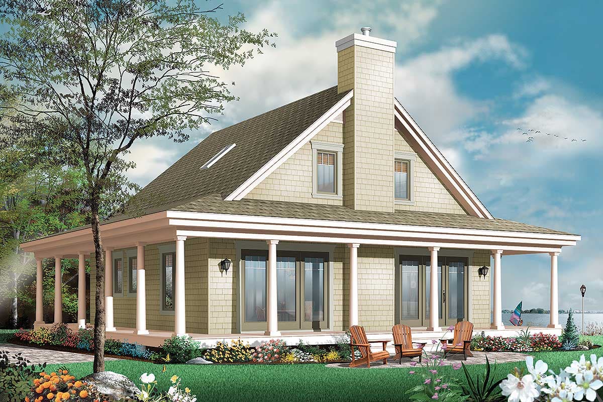 House plan exterior: One-story home with a wide wrap-around porch, prominent chimney, and dormer windows.