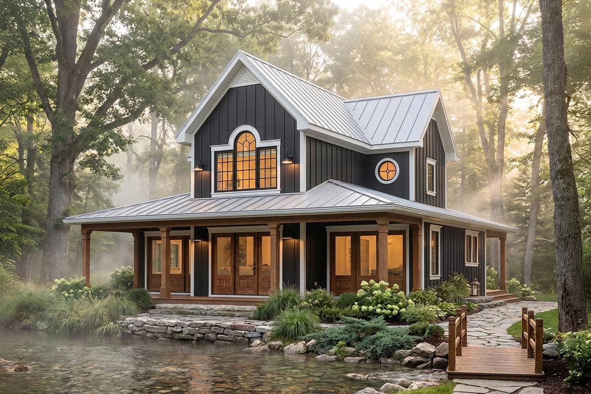 House plan exterior of a two-story home with a wraparound porch, gabled dormer, and arched window.