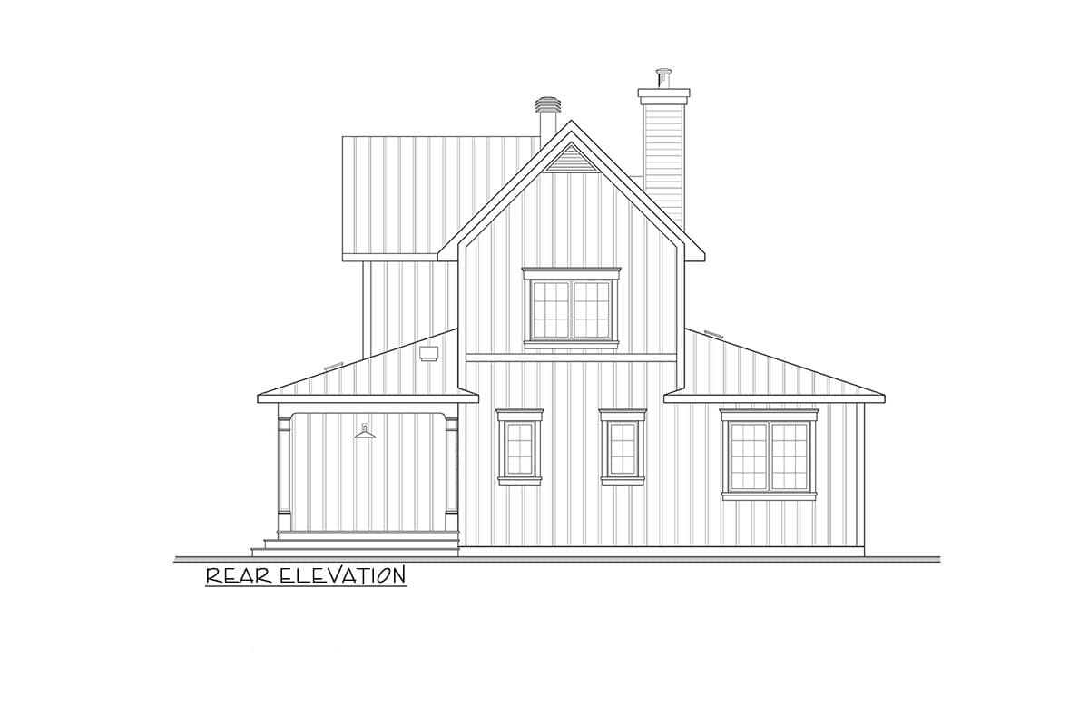 House plan exterior: Two-story home with wrap-around porch, arched window, and metal roof.