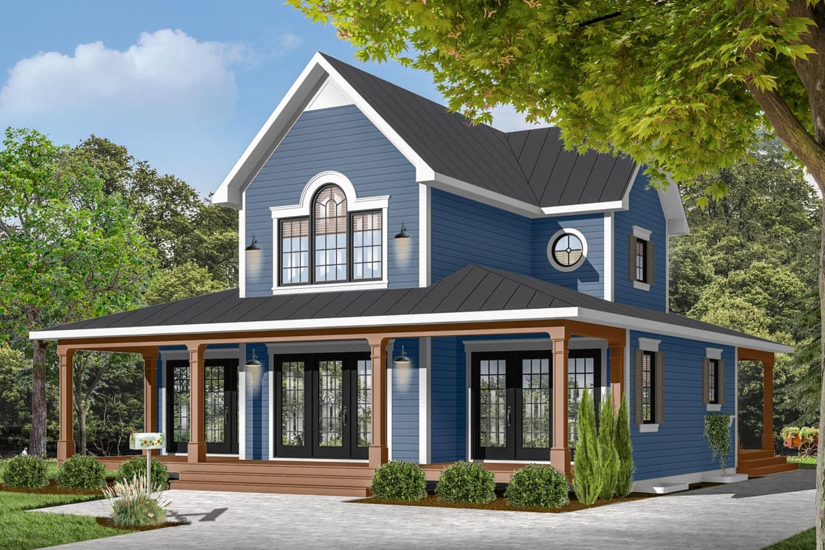 House plan exterior featuring a two-story farmhouse style with a wraparound porch, gabled roof, and arched window above the front door.