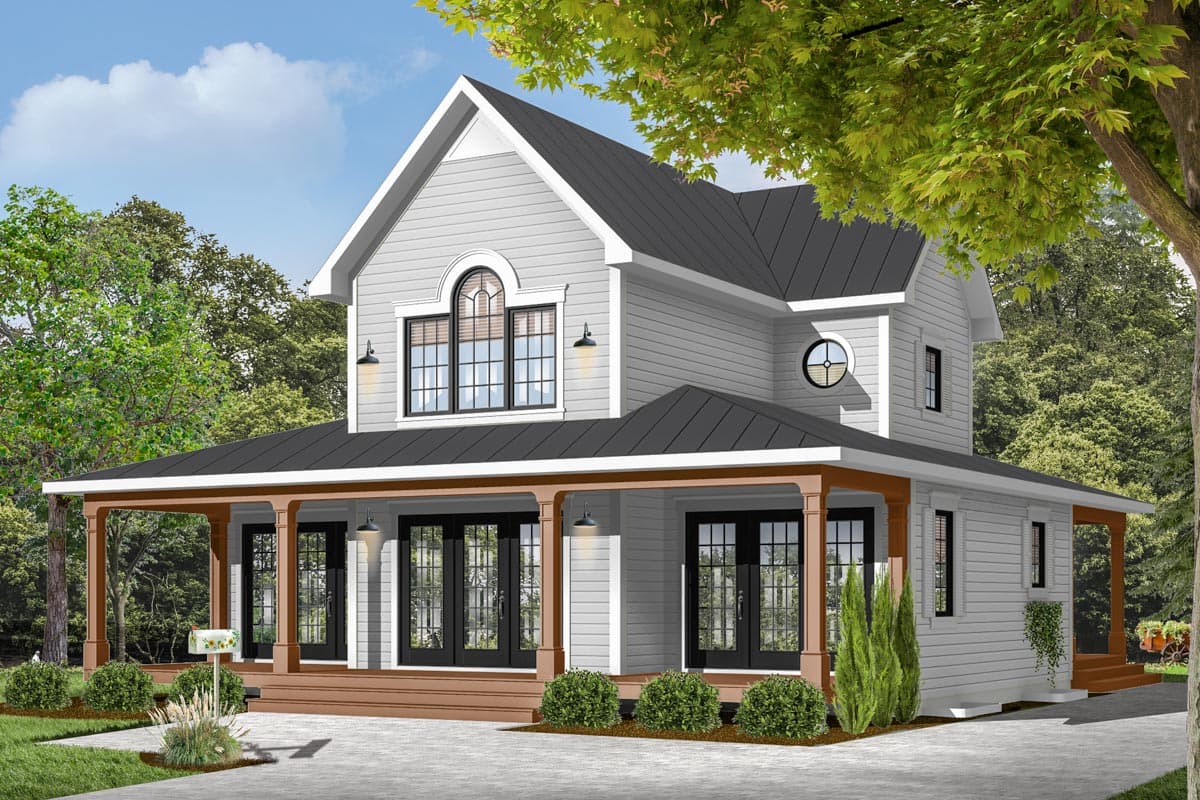 House plan exterior of a two-story home with a wraparound porch, gabled dormer, and arched window.