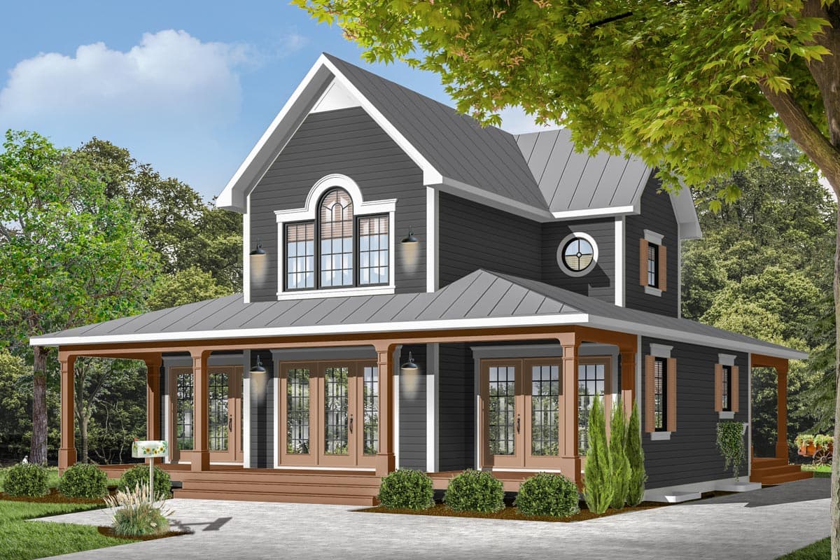 House plan exterior: Two-story home with wrap-around porch, arched window, and metal roof.