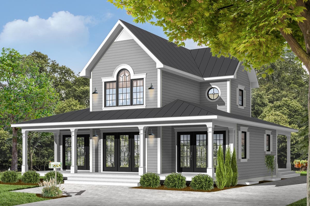 House plan exterior: Two-story Modern Farmhouse with wrap-around porch, prominent gable, and arched second-story window.