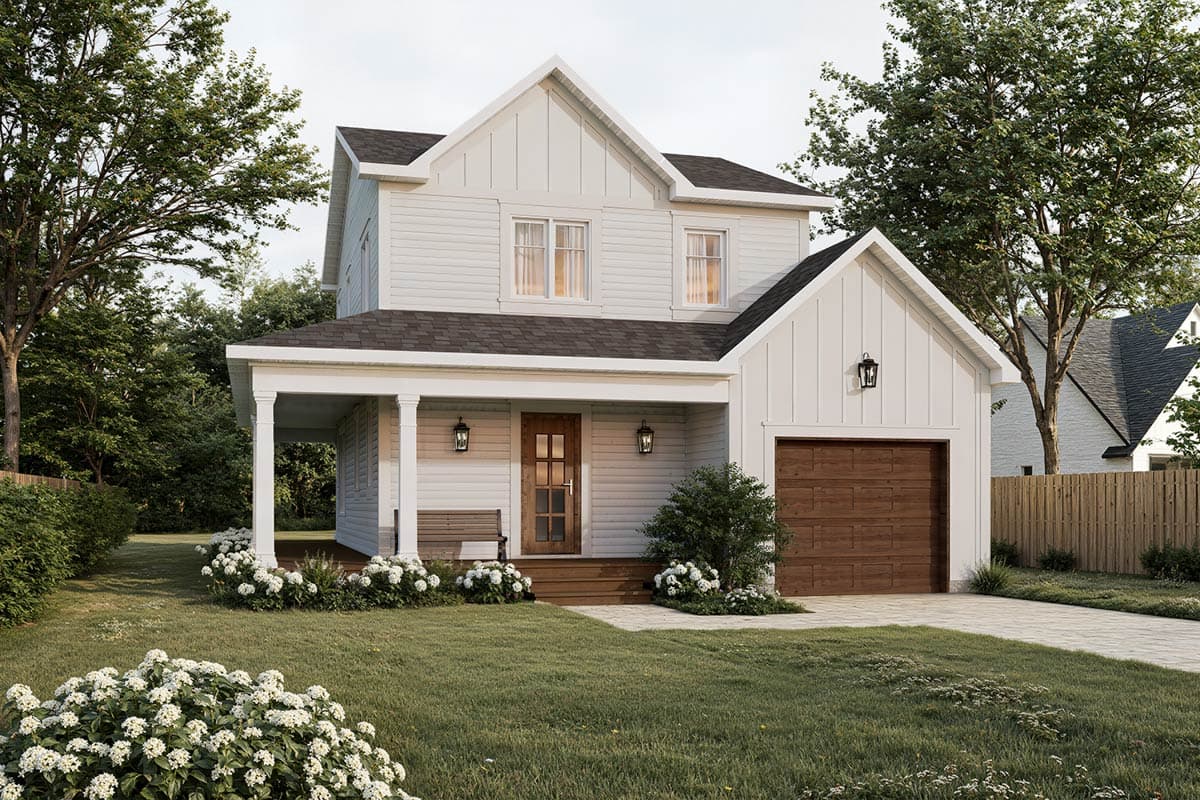 Modern Farmhouse style house plan exterior, two stories, with a covered front porch, gables, and a side-facing garage.