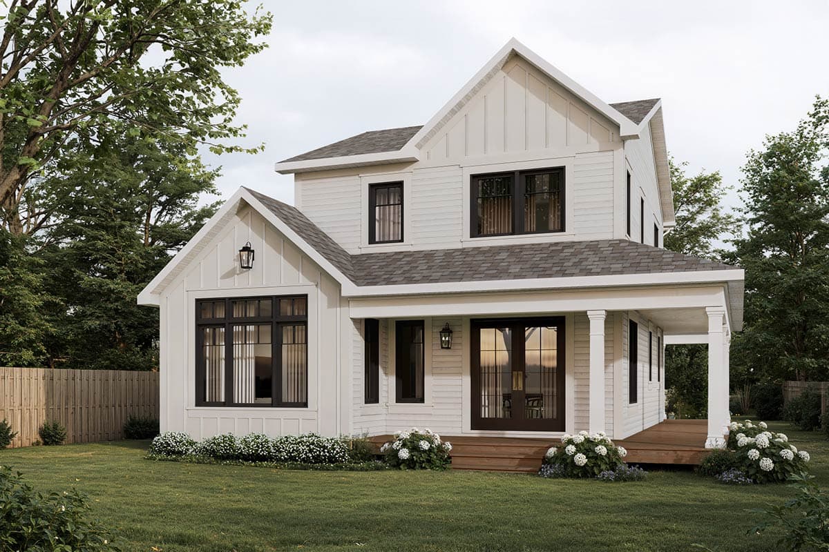 Modern Farmhouse house plan exterior: Two stories, white board and batten siding, gable roofs, covered porch with columns, and black window frames.