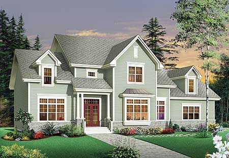 House plan exterior: Two-story home with covered entry, multiple gables, dormers, bay window, and stone accents.