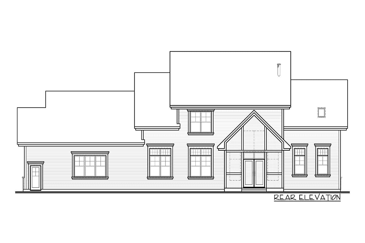 Rear elevation of a house plan featuring a covered entry with a gabled roof, multiple windows, and varying rooflines.
