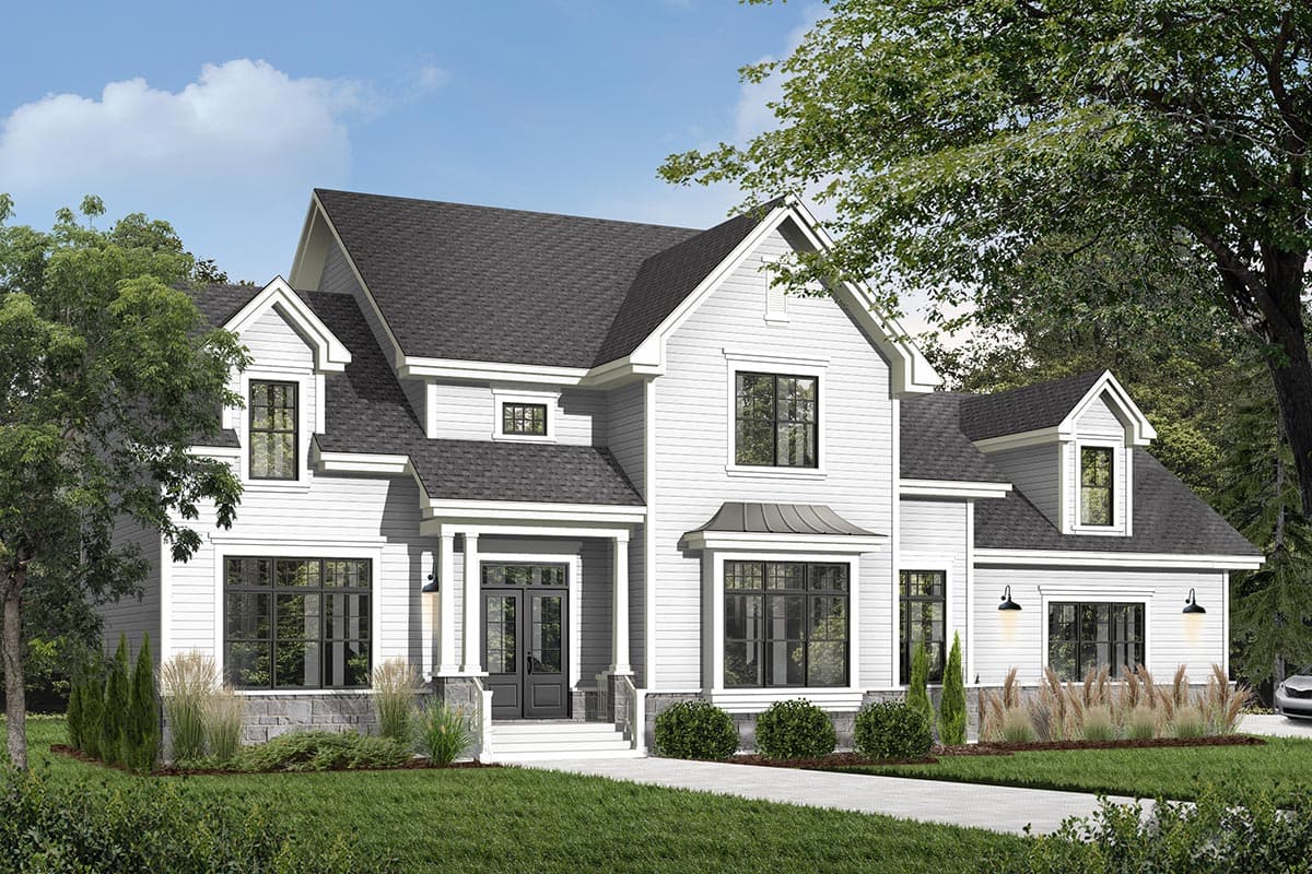 House plan exterior: Two-story modern farmhouse with gabled dormers, a covered porch, and stone accents.