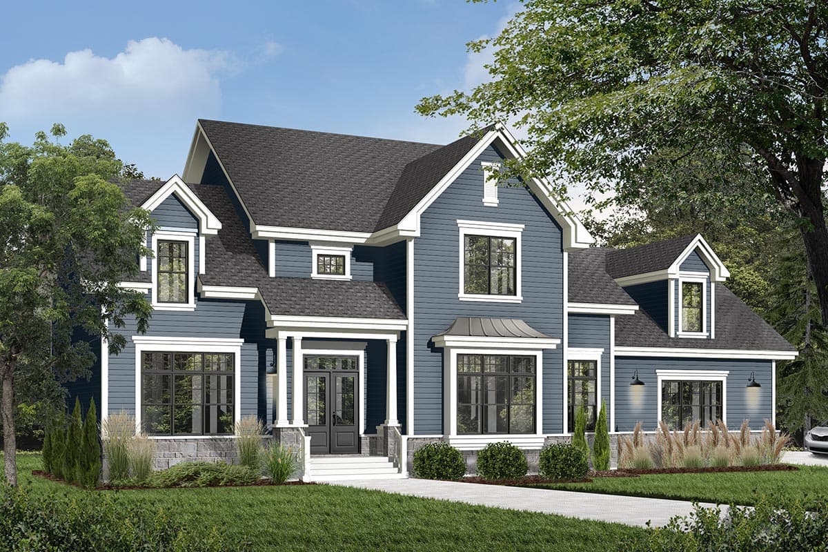 House plan exterior. Two-story home with a gabled roof, dormers, and a covered porch. Windows have dark trim and the home has a blue exterior.